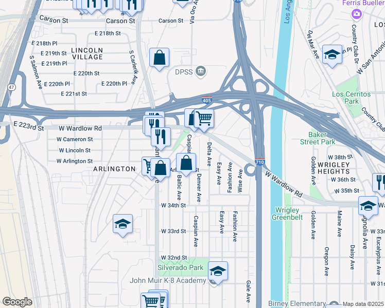 map of restaurants, bars, coffee shops, grocery stores, and more near 3630 Caspian Avenue in Long Beach