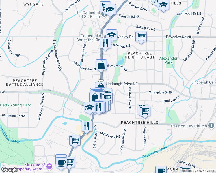 map of restaurants, bars, coffee shops, grocery stores, and more near 2467 Peachtree Road in Atlanta
