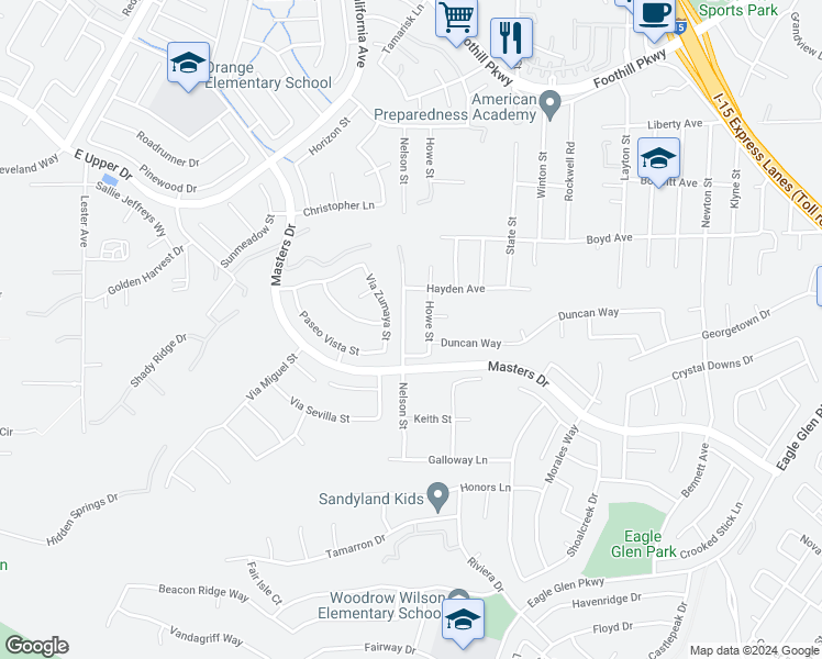 map of restaurants, bars, coffee shops, grocery stores, and more near 3797 Nelson Street in Corona