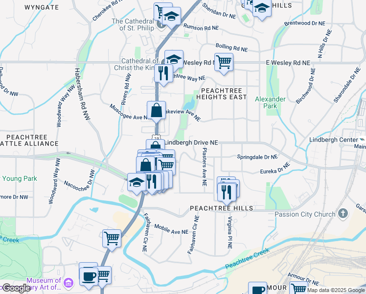 map of restaurants, bars, coffee shops, grocery stores, and more near 114 Terrace Drive Northeast in Atlanta