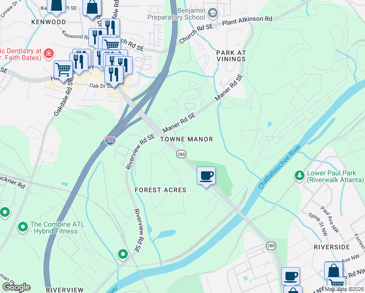 map of restaurants, bars, coffee shops, grocery stores, and more near 2464 Elmwood Circle Southeast in Atlanta