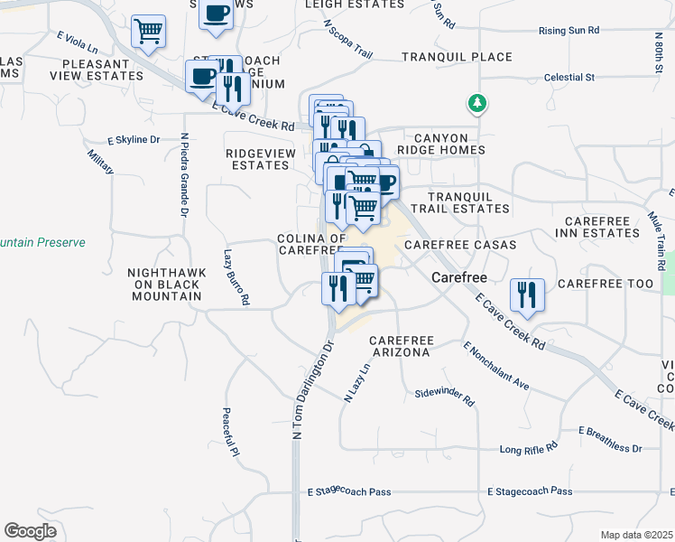 map of restaurants, bars, coffee shops, grocery stores, and more near East Carefree Drive in Cave Creek