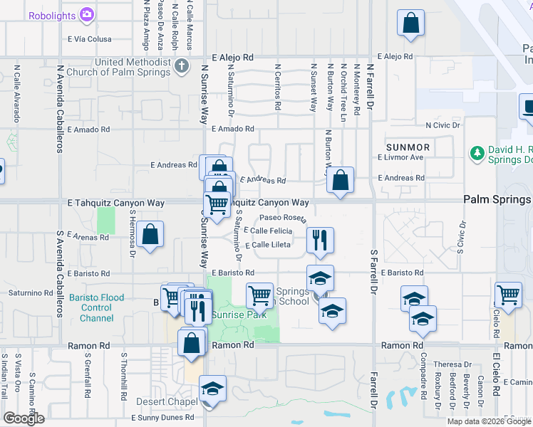 map of restaurants, bars, coffee shops, grocery stores, and more near 2057 Paseo Roseta in Palm Springs