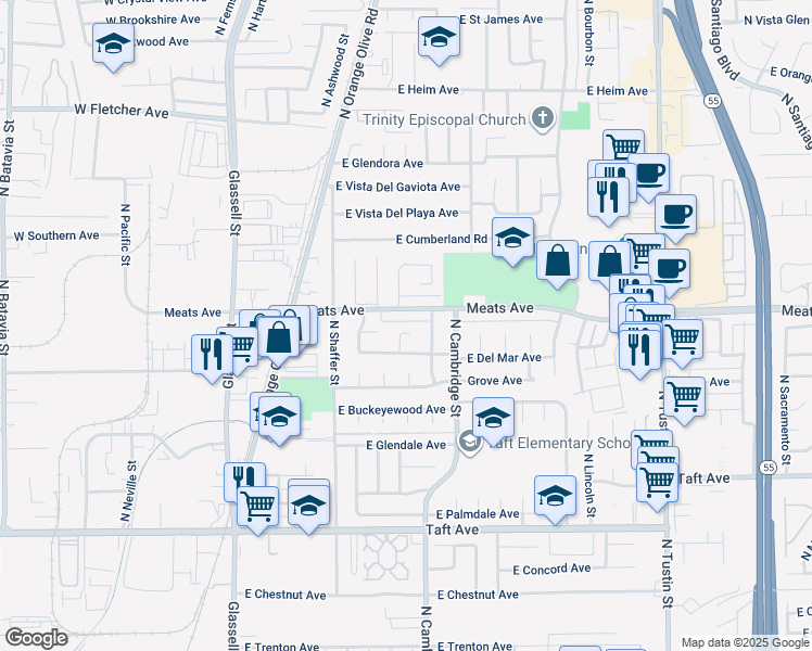 map of restaurants, bars, coffee shops, grocery stores, and more near 2045 North Genessee Street in Orange