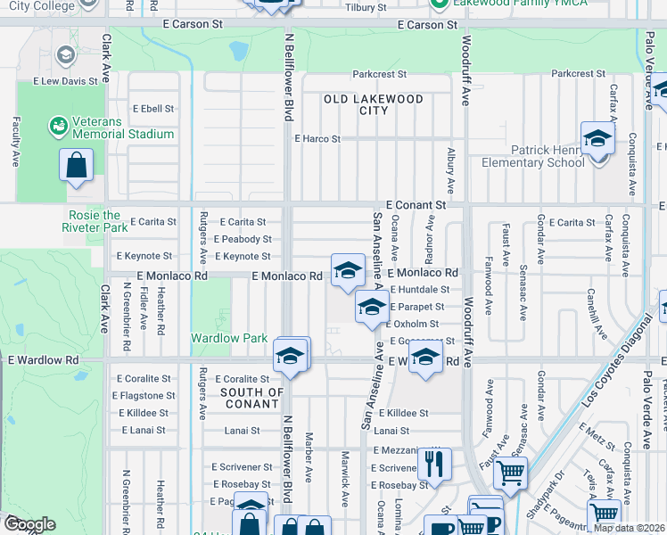 map of restaurants, bars, coffee shops, grocery stores, and more near 5542 East Monlaco Road in Long Beach