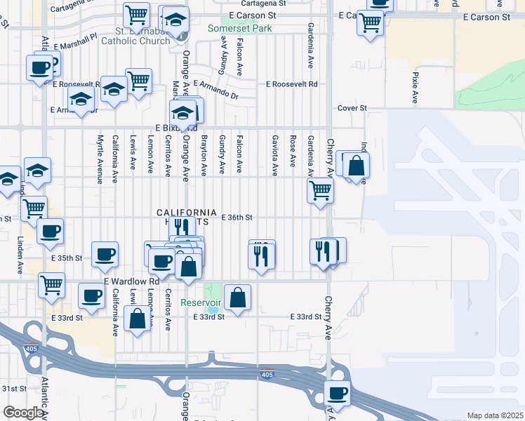 map of restaurants, bars, coffee shops, grocery stores, and more near 3590 Walnut Avenue in Long Beach