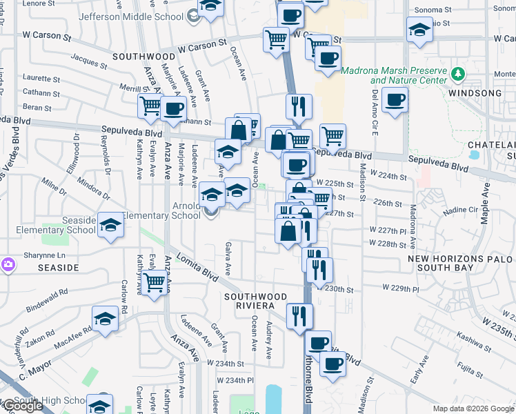 map of restaurants, bars, coffee shops, grocery stores, and more near 3859 Merit Place in Torrance