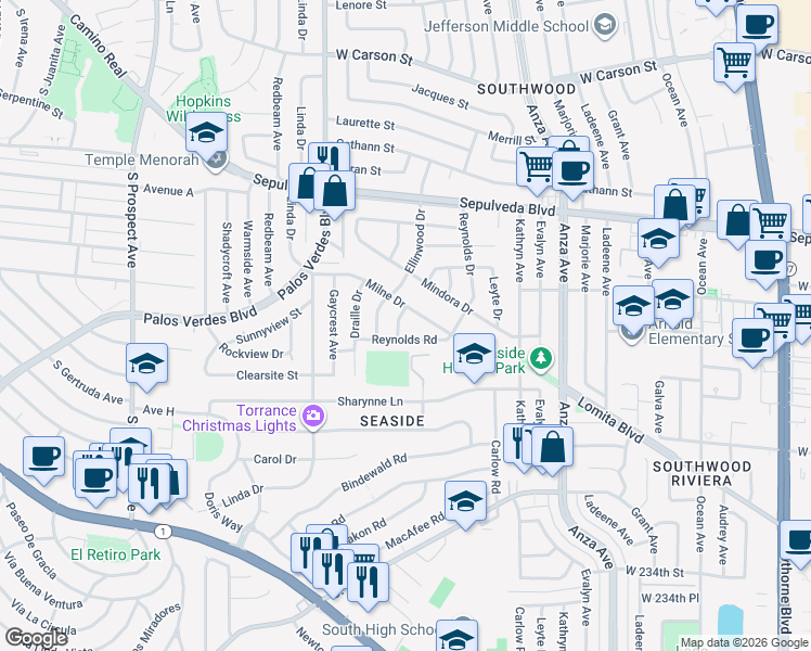 map of restaurants, bars, coffee shops, grocery stores, and more near 4904 Reynolds Road in Torrance