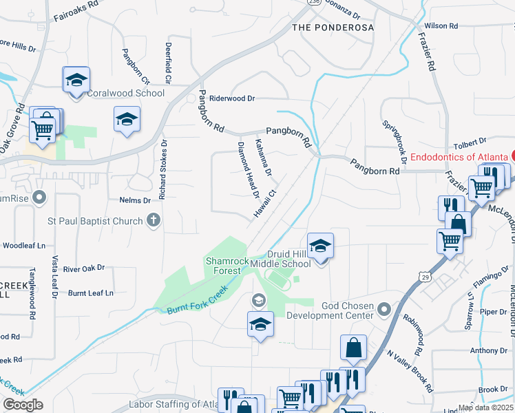map of restaurants, bars, coffee shops, grocery stores, and more near 1426 Diamond Head Drive in Decatur
