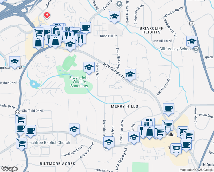 map of restaurants, bars, coffee shops, grocery stores, and more near 1442 Briaroaks Trail Northeast in Atlanta