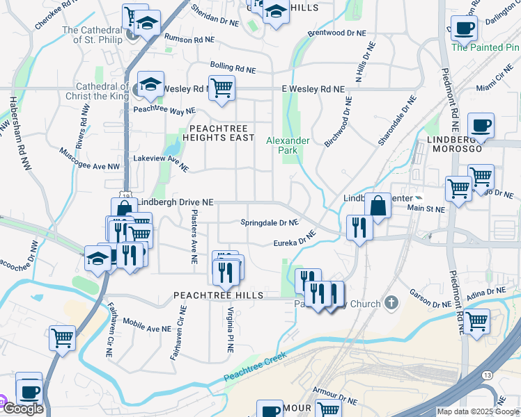 map of restaurants, bars, coffee shops, grocery stores, and more near 255 Lindbergh Drive Northeast in Atlanta