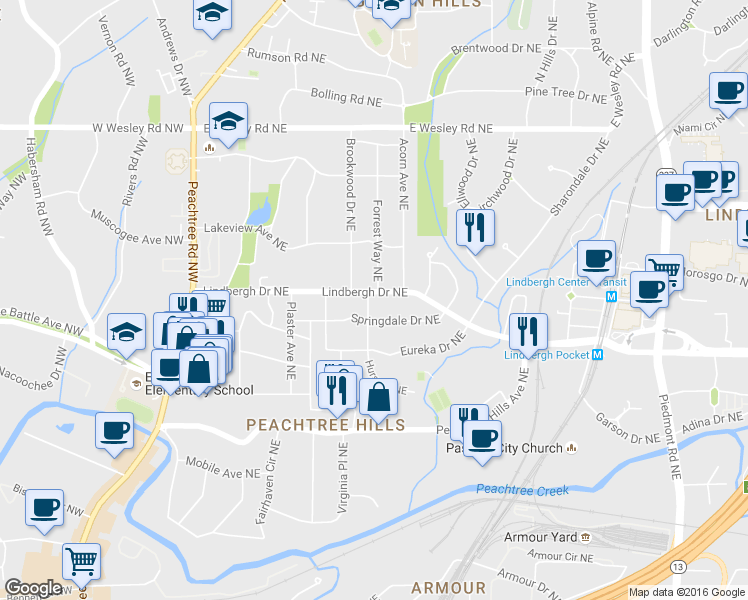 map of restaurants, bars, coffee shops, grocery stores, and more near 239 Lindbergh Drive Northeast in Atlanta