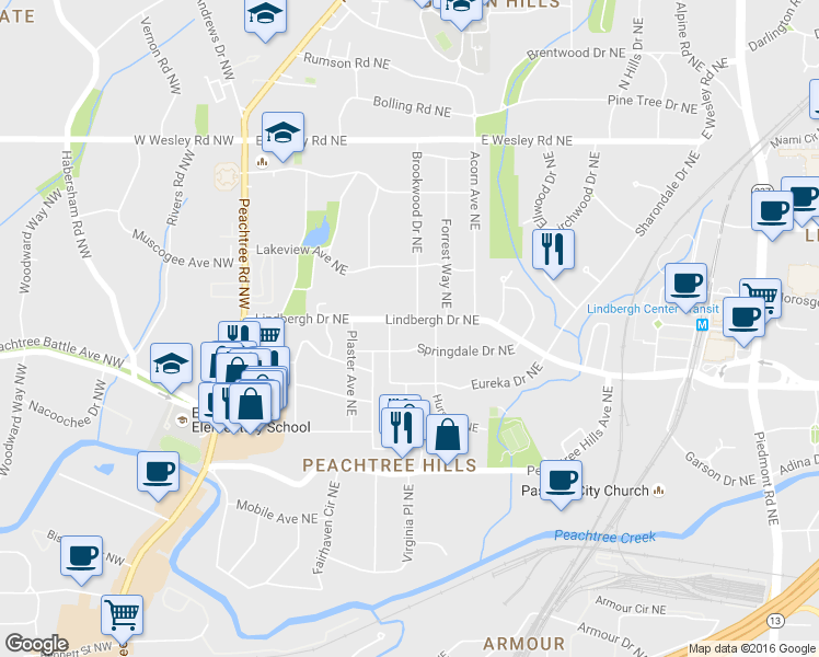 map of restaurants, bars, coffee shops, grocery stores, and more near 204 Springdale Drive Northeast in Atlanta