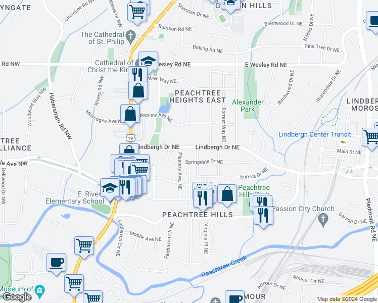 map of restaurants, bars, coffee shops, grocery stores, and more near 158 Springdale Drive Northeast in Atlanta