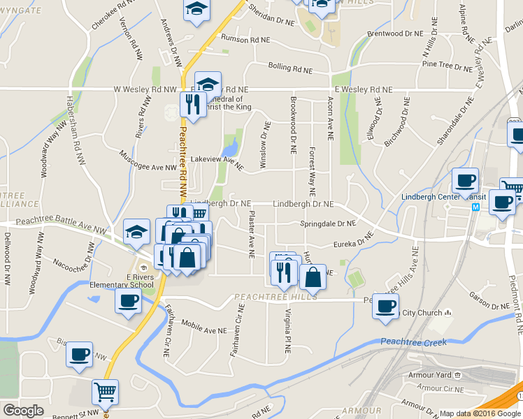 map of restaurants, bars, coffee shops, grocery stores, and more near 158 Springdale Drive Northeast in Atlanta
