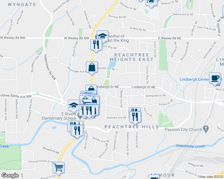 map of restaurants, bars, coffee shops, grocery stores, and more near 208 Terrace Drive Northeast in Atlanta