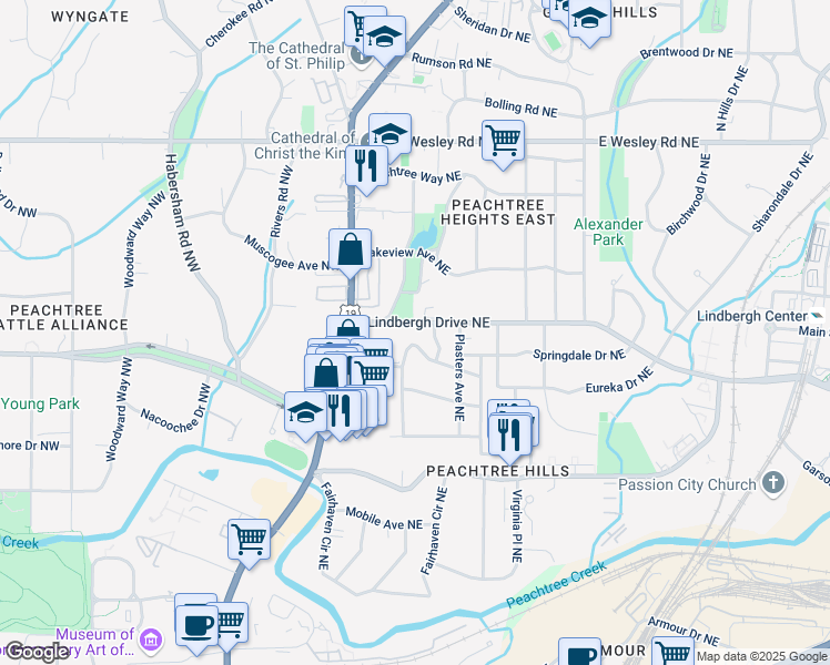 map of restaurants, bars, coffee shops, grocery stores, and more near 114 Terrace Drive Northeast in Atlanta