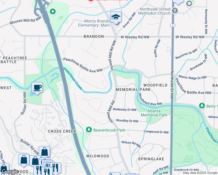map of restaurants, bars, coffee shops, grocery stores, and more near 918 Peachtree Battle Circle Northwest in Atlanta