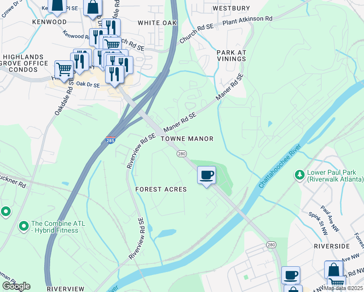 map of restaurants, bars, coffee shops, grocery stores, and more near 2464 Elmwood Circle Southeast in Atlanta