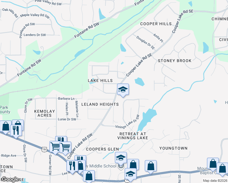 map of restaurants, bars, coffee shops, grocery stores, and more near 32 Strickland Drive Southwest in Mableton