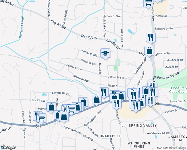 map of restaurants, bars, coffee shops, grocery stores, and more near 1091 Center Street Southwest in Mableton