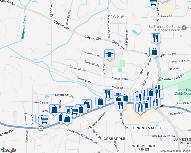 map of restaurants, bars, coffee shops, grocery stores, and more near 1104 Mable Street in Mableton