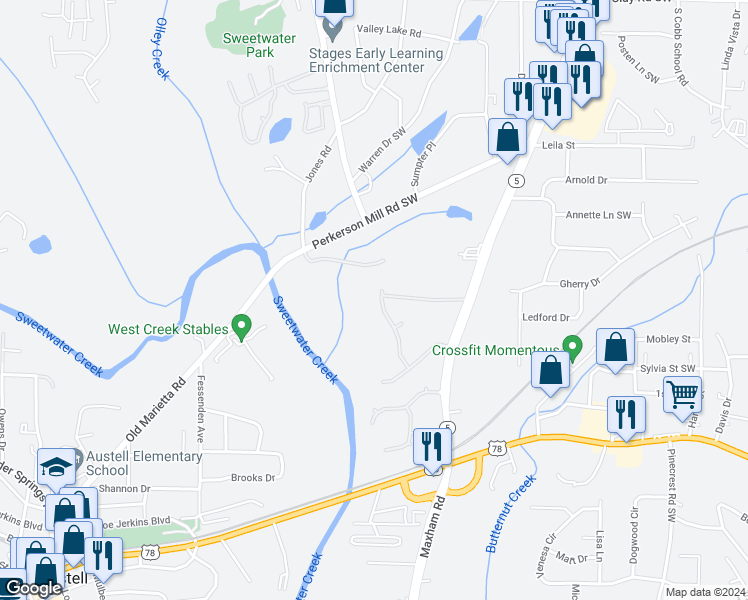 map of restaurants, bars, coffee shops, grocery stores, and more near 3040 Cambrian Terrace in Austell