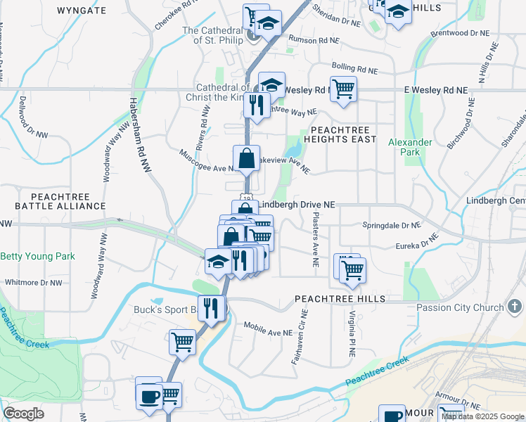 map of restaurants, bars, coffee shops, grocery stores, and more near 2467 Peachtree Road in Atlanta