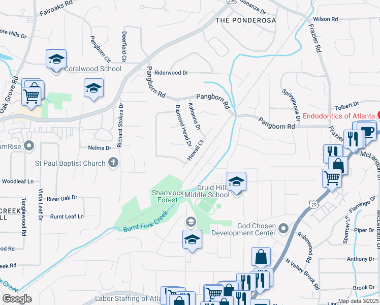 map of restaurants, bars, coffee shops, grocery stores, and more near 1426 Diamond Head Drive in Decatur
