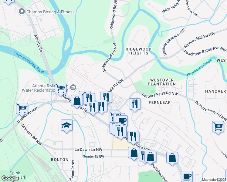 map of restaurants, bars, coffee shops, grocery stores, and more near 1920 Moores Mill Road Northwest in Atlanta
