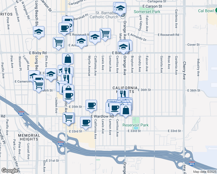 map of restaurants, bars, coffee shops, grocery stores, and more near 3607 Lemon Avenue in Long Beach