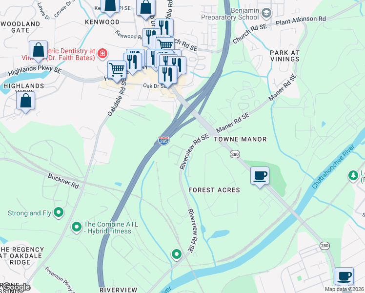 map of restaurants, bars, coffee shops, grocery stores, and more near 5328 Concordia Place in Atlanta