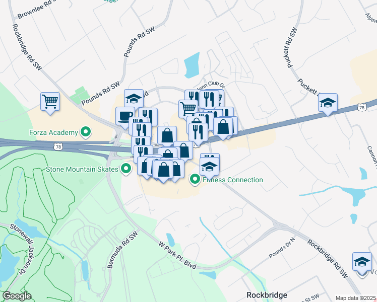map of restaurants, bars, coffee shops, grocery stores, and more near 5314 Stone Mountain Highway in Stone Mountain