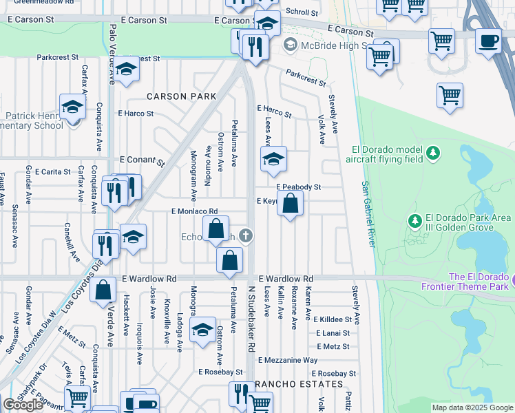 map of restaurants, bars, coffee shops, grocery stores, and more near 3562 North Studebaker Road in Long Beach