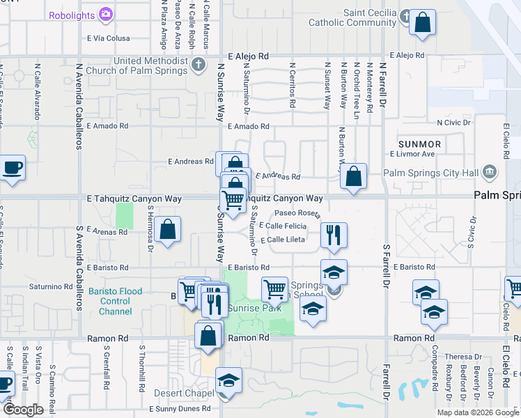 map of restaurants, bars, coffee shops, grocery stores, and more near 150 South Saturmino Drive in Palm Springs