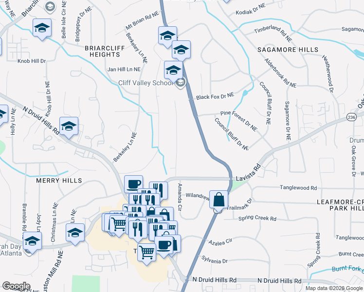 map of restaurants, bars, coffee shops, grocery stores, and more near 1422 Amanda Circle in Atlanta