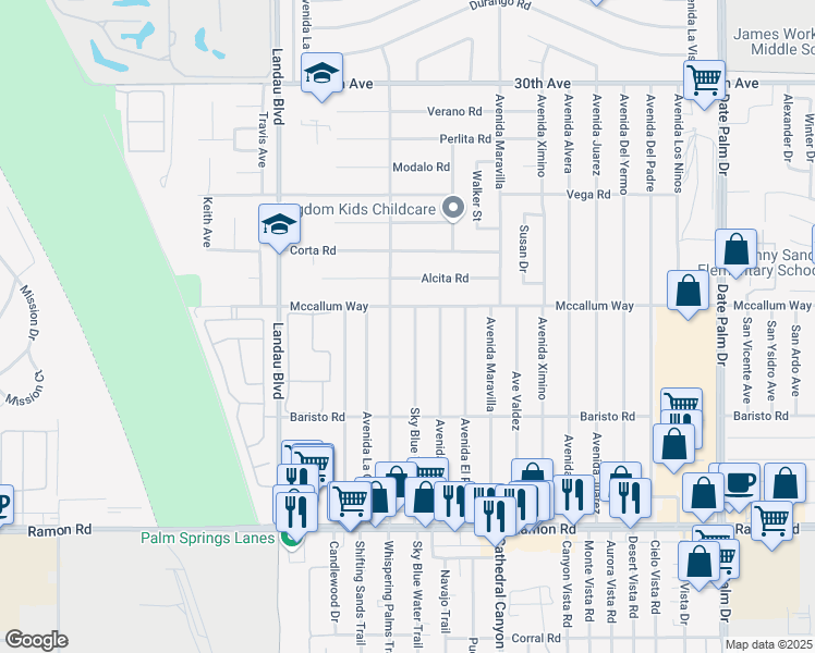 map of restaurants, bars, coffee shops, grocery stores, and more near 31105 Sky Blue Water Trail in Cathedral City