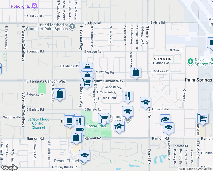 map of restaurants, bars, coffee shops, grocery stores, and more near 2057 Paseo Roseta in Palm Springs