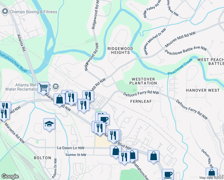 map of restaurants, bars, coffee shops, grocery stores, and more near 2749 Defoors Ferry Road Northwest in Atlanta