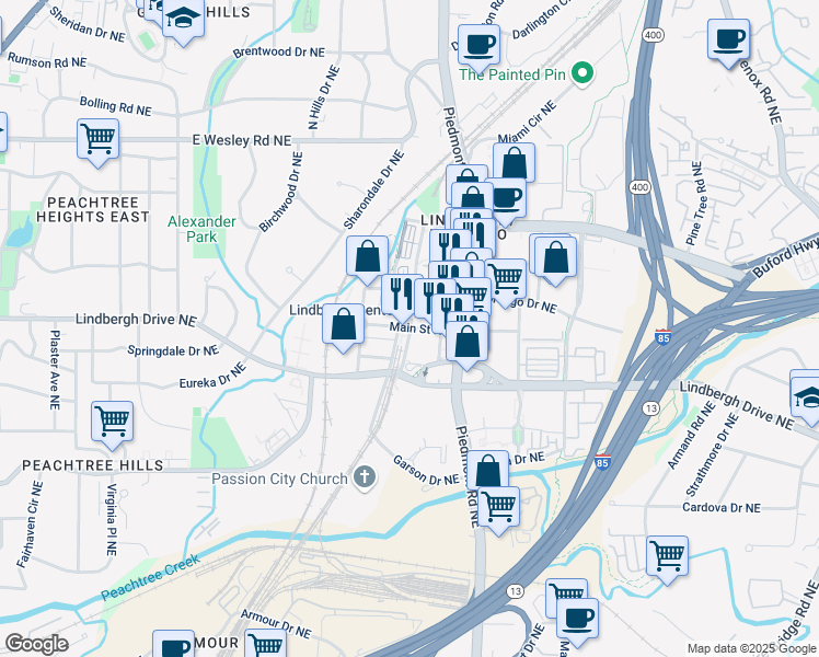 map of restaurants, bars, coffee shops, grocery stores, and more near 542 Main Street Northeast in Atlanta