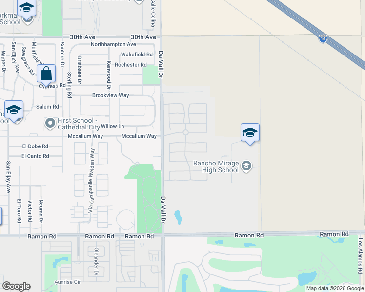 map of restaurants, bars, coffee shops, grocery stores, and more near 170 Via Milano in Rancho Mirage