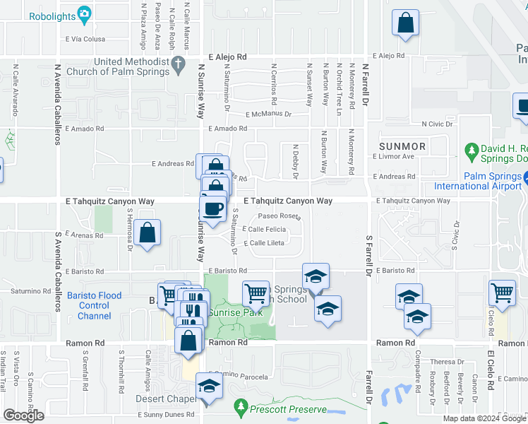 map of restaurants, bars, coffee shops, grocery stores, and more near 2056 Paseo Roseta in Palm Springs