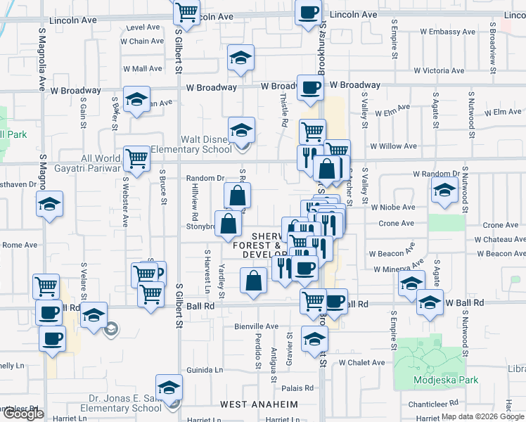 map of restaurants, bars, coffee shops, grocery stores, and more near 9701 Greenwich Lane in Anaheim