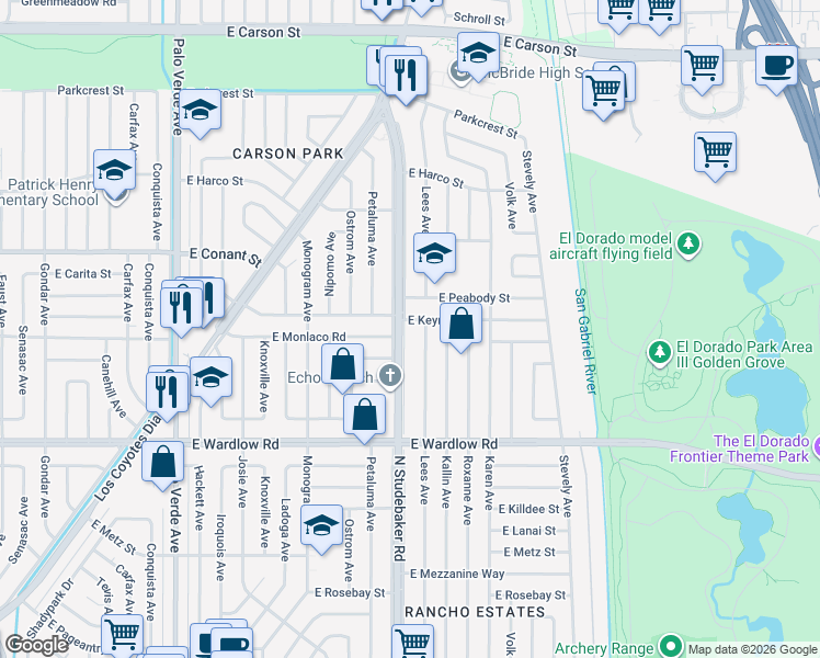 map of restaurants, bars, coffee shops, grocery stores, and more near 3562 North Studebaker Road in Long Beach