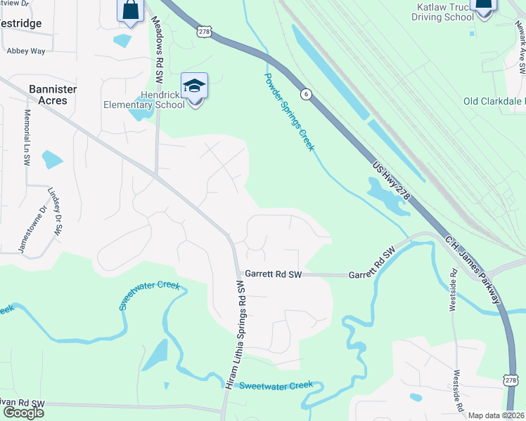 map of restaurants, bars, coffee shops, grocery stores, and more near 3928 Garrett Springs Drive in Powder Springs