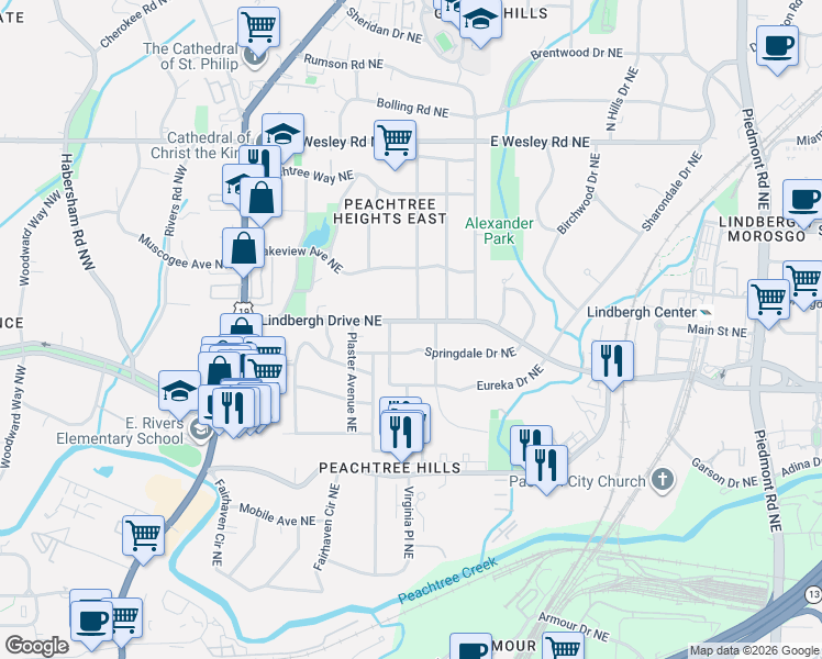 map of restaurants, bars, coffee shops, grocery stores, and more near 204 Springdale Drive Northeast in Atlanta