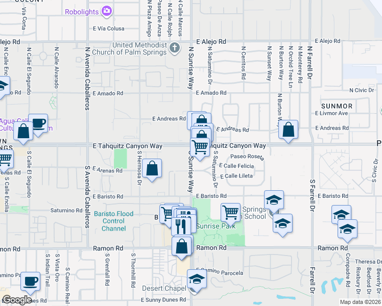 map of restaurants, bars, coffee shops, grocery stores, and more near 101 South Sunrise Way in Palm Springs