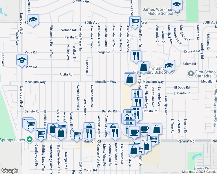 map of restaurants, bars, coffee shops, grocery stores, and more near 31100 Avenida Juarez in Cathedral City