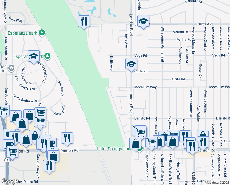 map of restaurants, bars, coffee shops, grocery stores, and more near 67795 Via Seguro in Cathedral City