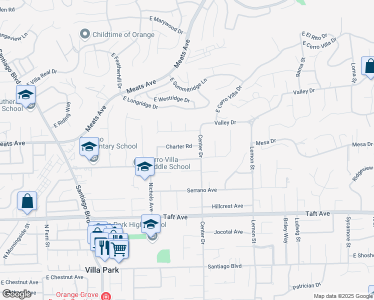 map of restaurants, bars, coffee shops, grocery stores, and more near 18172 Charter Road in Villa Park